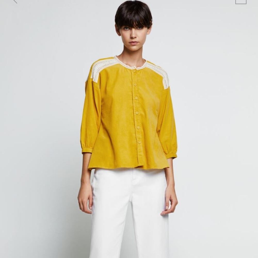 Zara Fine Corduroy Puff Sleeve Blouse Top Sz M